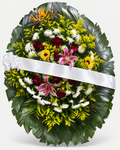 Coroa de flores 006 - branco, amarelo, vermelho e rosa - Jardim do Pêssego