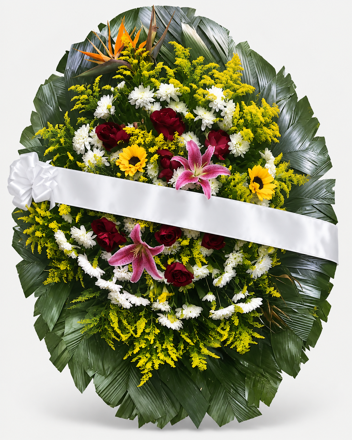 Coroa de flores 006 - branco, amarelo, vermelho e rosa - Jardim do Pêssego