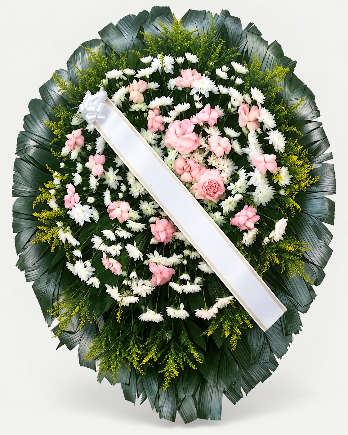 Coroa de flores 008 - branco e rosa-claro - Jardim do Pêssego