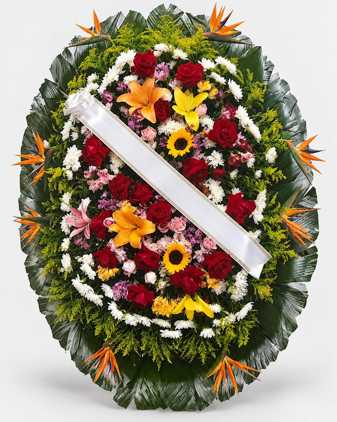 Coroa de flores 014 - branco, vermelho, rosa, amarelo e laranja - Jardim do Pêssego