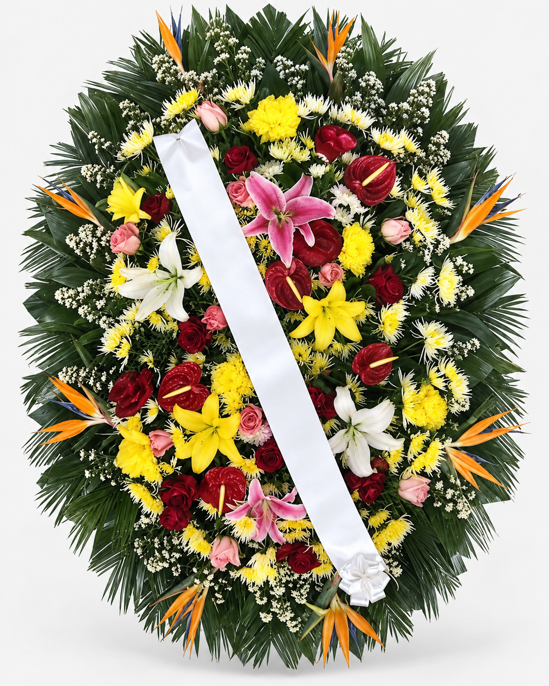 Coroa de flores 015 - branco, vermelho, rosa, amarelo e laranja - Jardim do Pêssego