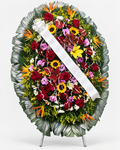 Coroa de flores 016 - vermelho, roxo, amarelo, laranja e branco - Jardim do Pêssego