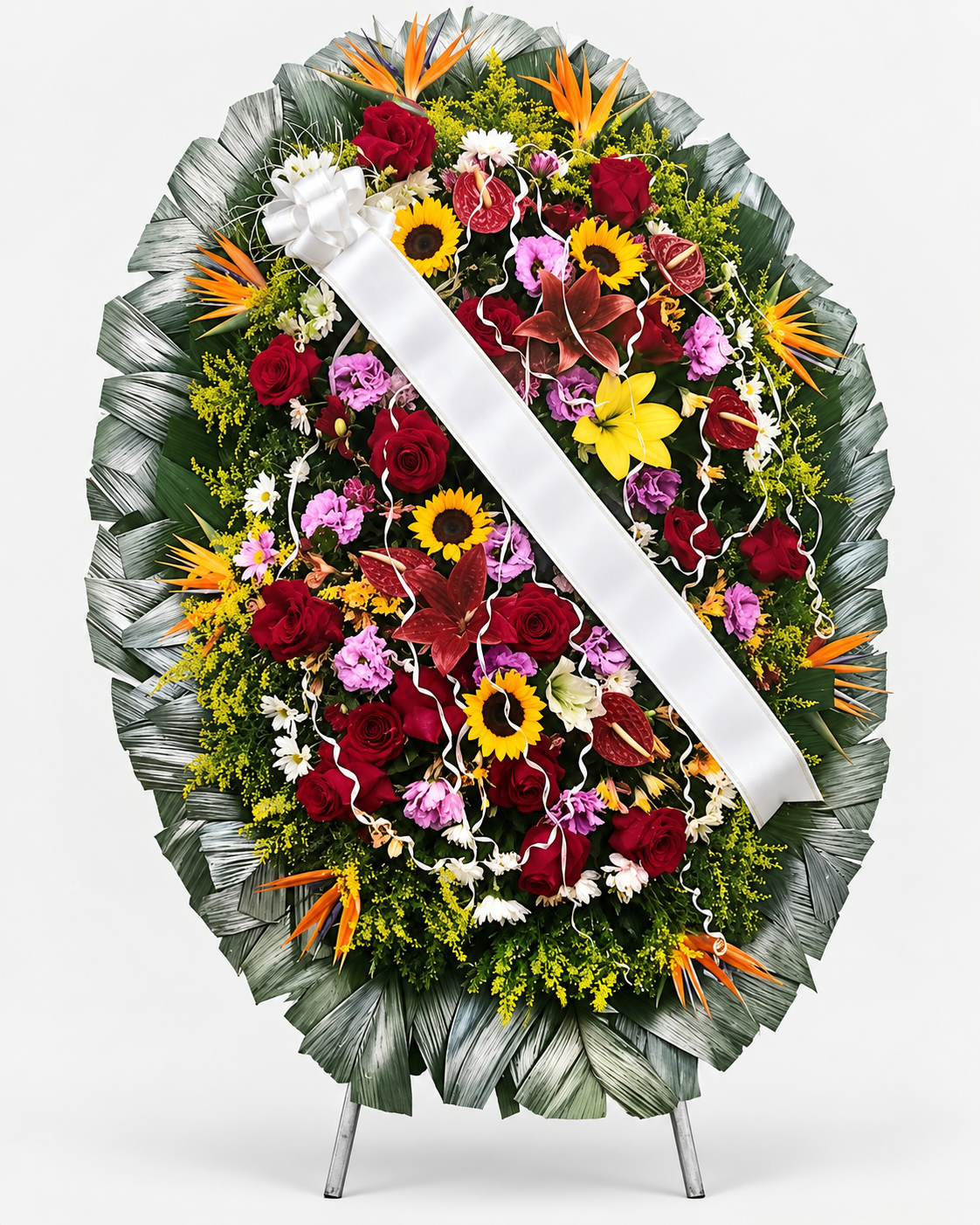 Coroa de flores 016 - vermelho, roxo, amarelo, laranja e branco - Jardim do Pêssego