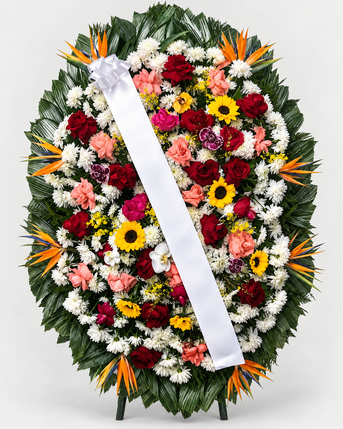 Coroa de flores 017 - branco, vermelho, rosa, amarelo e laranja - Jardim do Pêssego