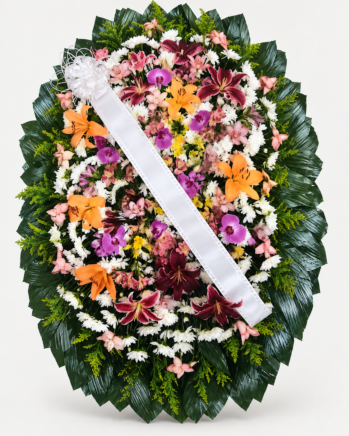 Coroa de flores 018 - branco, rosa, roxo, vinho e laranja - Jardim do Pêssego