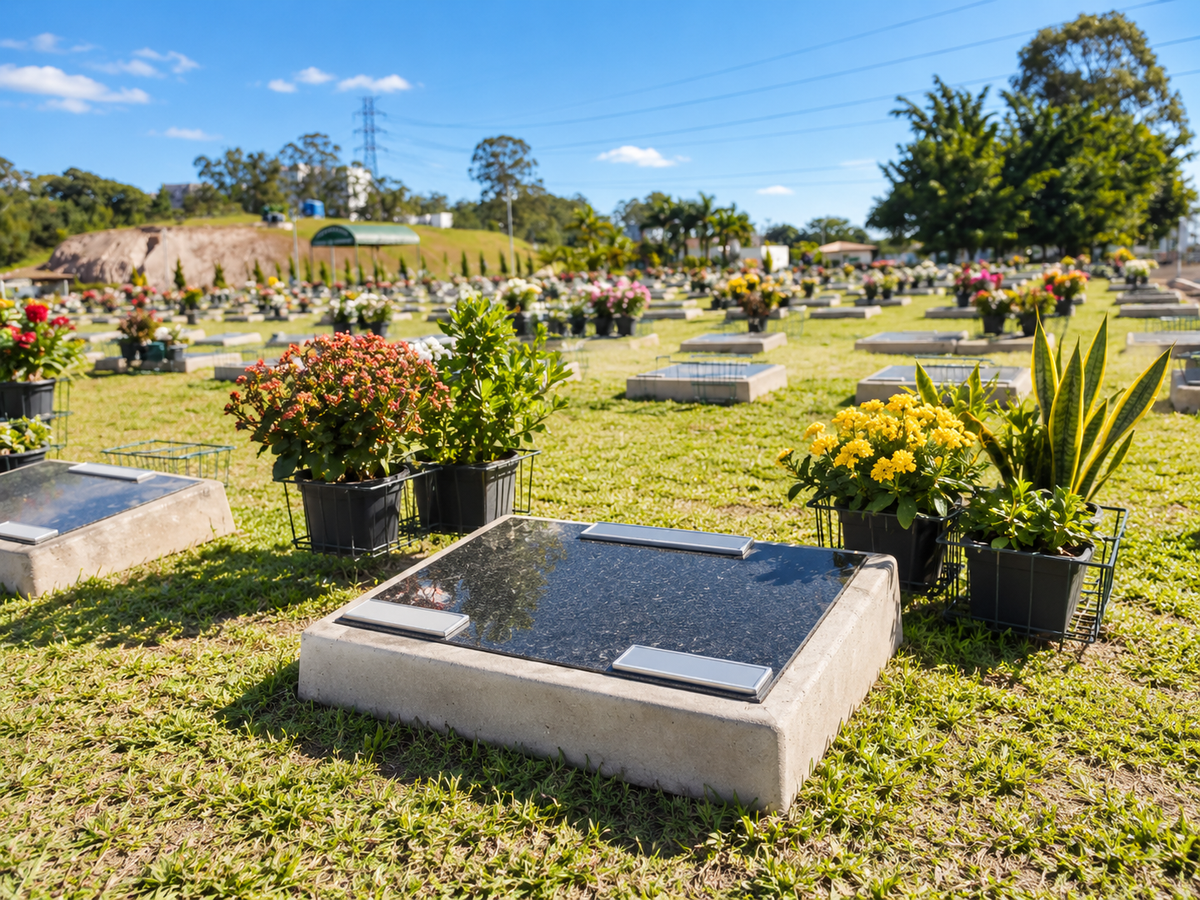 Lápide completa em granito escuro em ambiente do Jardim do Pêssego