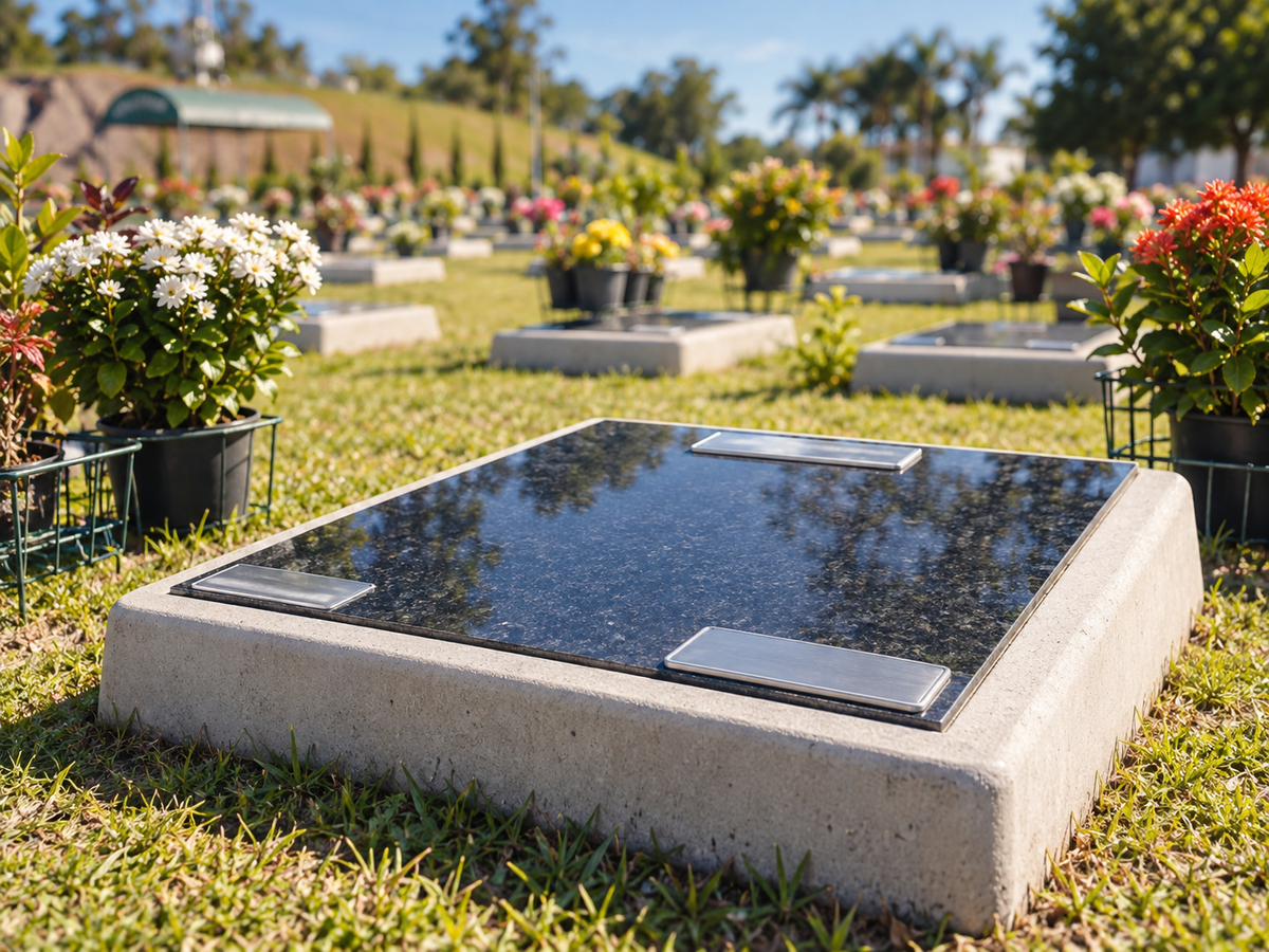 Lápide completa em granito escuro aplicada em jazigo no Jardim do Pêssego
